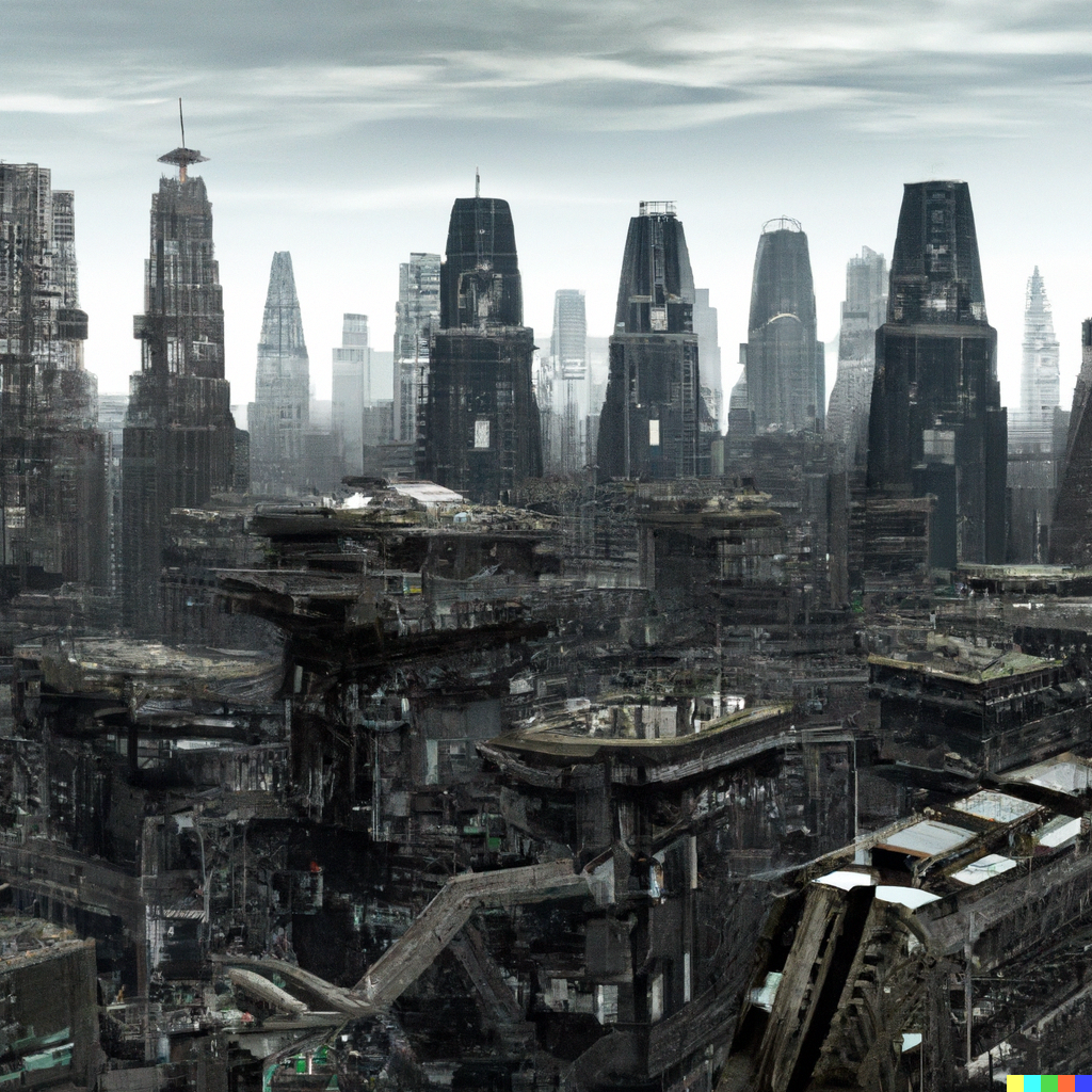 DALL·E 2023-02-11 23.21.46 - futuristic matrixdystopian city highly detailed hitech with flying vehicles, horizontal image size